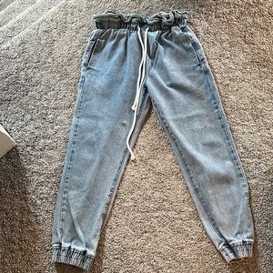 Paper bag waist knot denim joggers